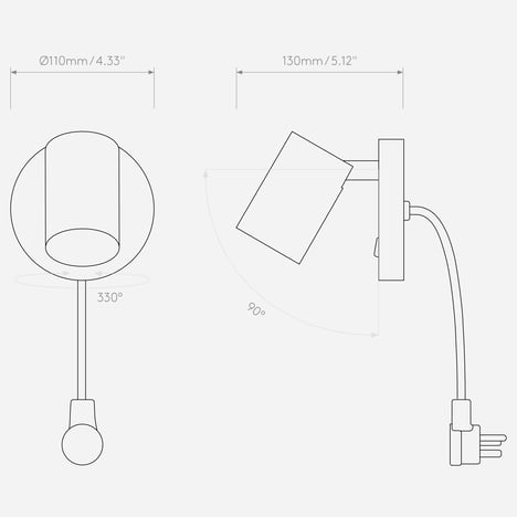 Ascoli Single Switched (Cord Set) (1286162) in Matt Black - Technical Drawing