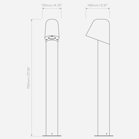 Mast Bollard 700 (1317026) in Textured Black - Technical Drawing