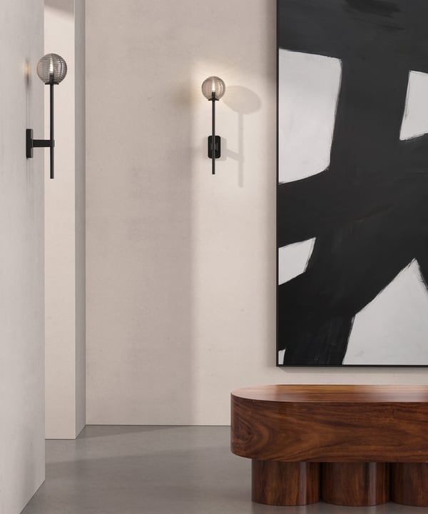 Astro Tacoma Single wall light in Matt Black, with Tacoma Ribbed Smoke Glass shade