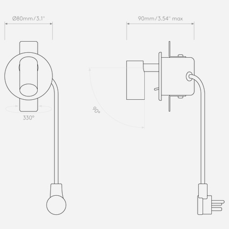 Micro Recess Switched (Cord Set) (1407027) in Bronze - Technical Drawing